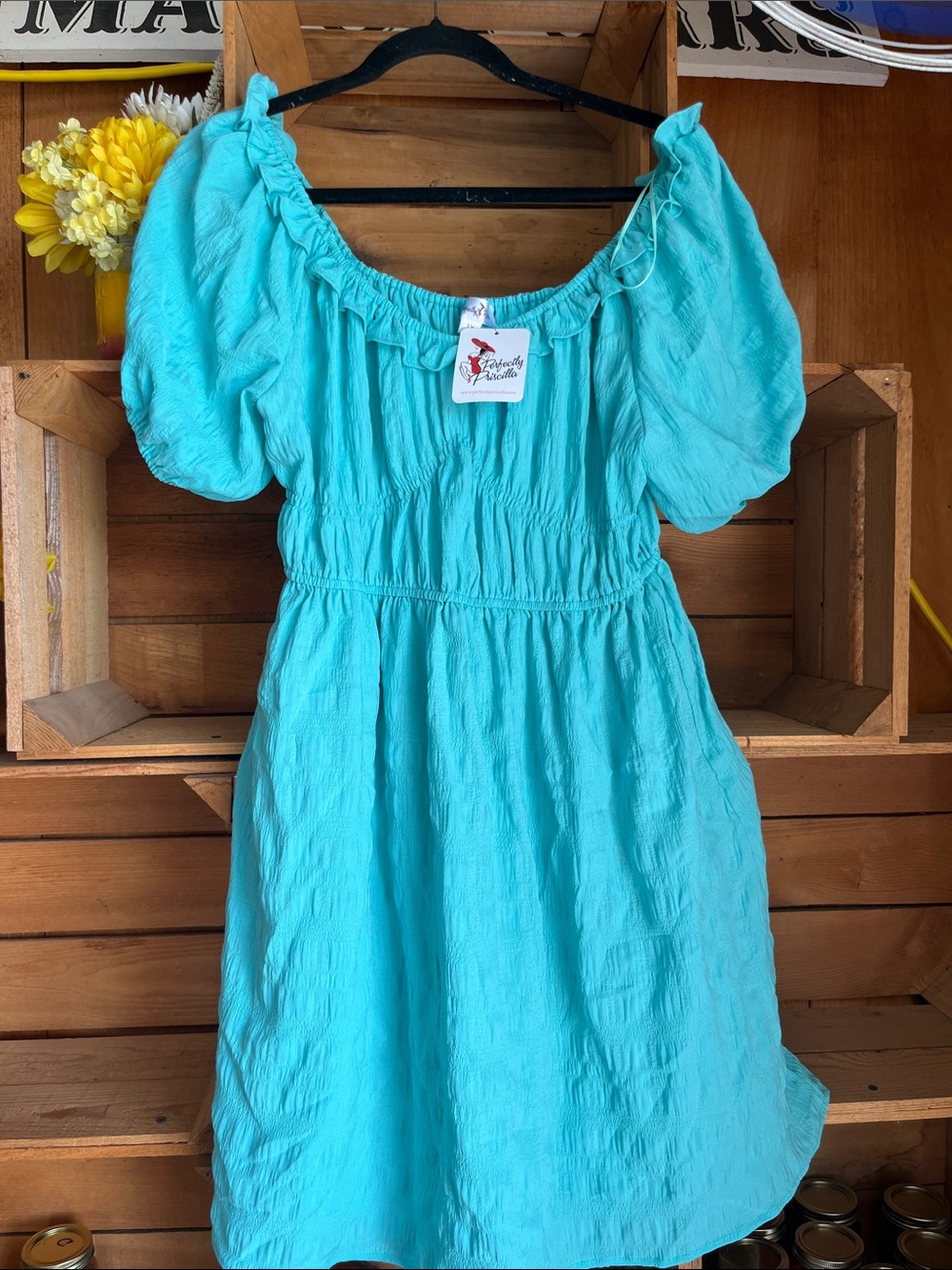 Perfectly Priscilla Turquoise Puff-Sleeve Smocked Midi Dress